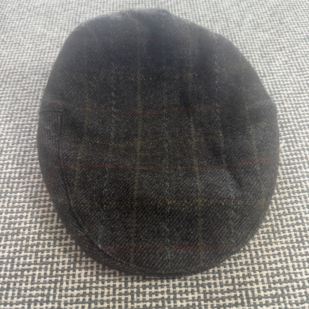 Hats of Ireland Mens 100% Wool Flat Cap Charcoal Grey Plaid Newsboy Hat 7 3/8 L